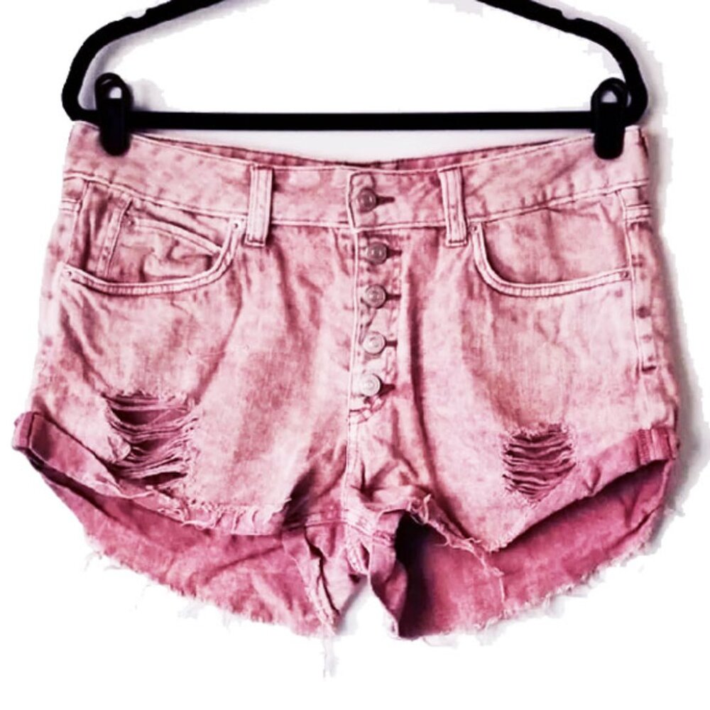 We The Free High Rise Button Fly Cotton Destroyed Cutoff Shorts 31 Pink Wash